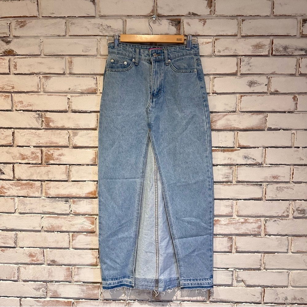 Edikted Maxi Blue Jean Denim Midi Skirt with Front Slit